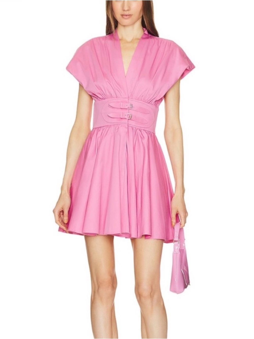 Alexis Pink Short V-Neck Fit-and-Flare Mini Dress with Double-Buckle Waist